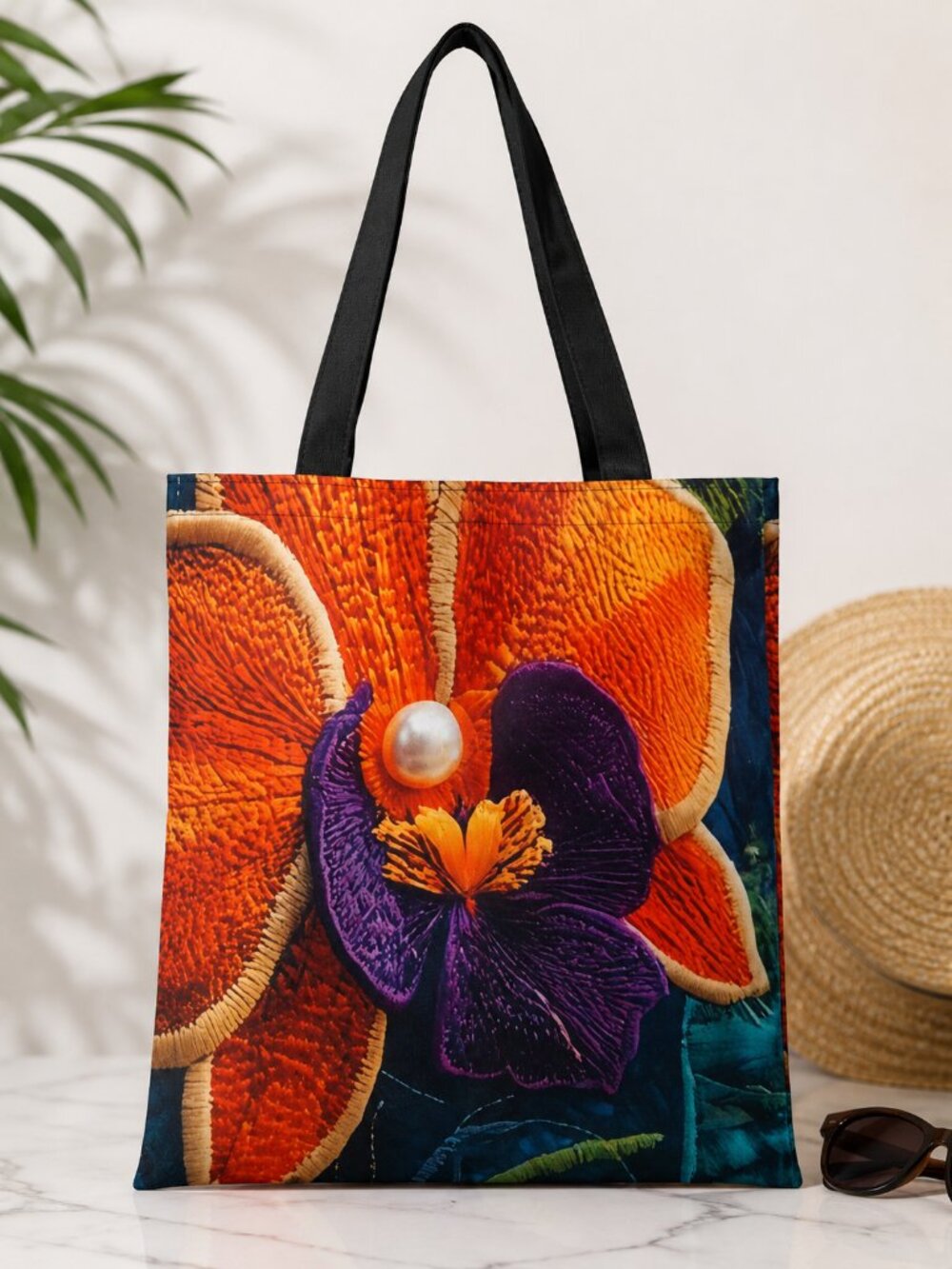 NEW Tropical Floral Art Tote Bag Orange Purple Botanical Print 14x16